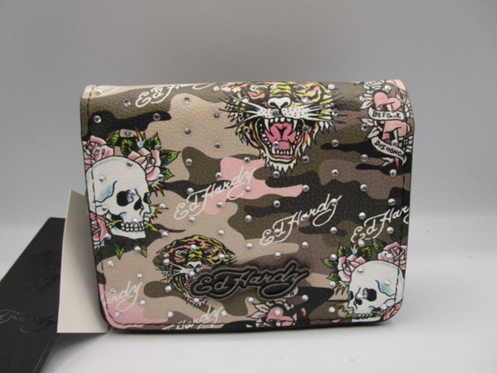 Ed Hardy Green Pink Camo Bedazzled Crossbody Tiger‎ Skull Tattoo Print Biker Y2K